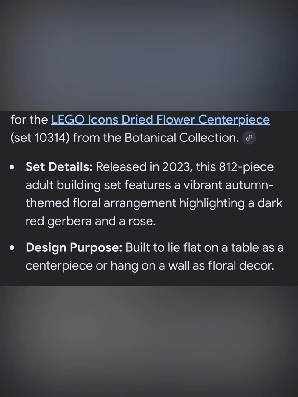 Lego Icons Dried Flower Centerpiece in Red, Orange, Yellow, Green, Tan, Brown